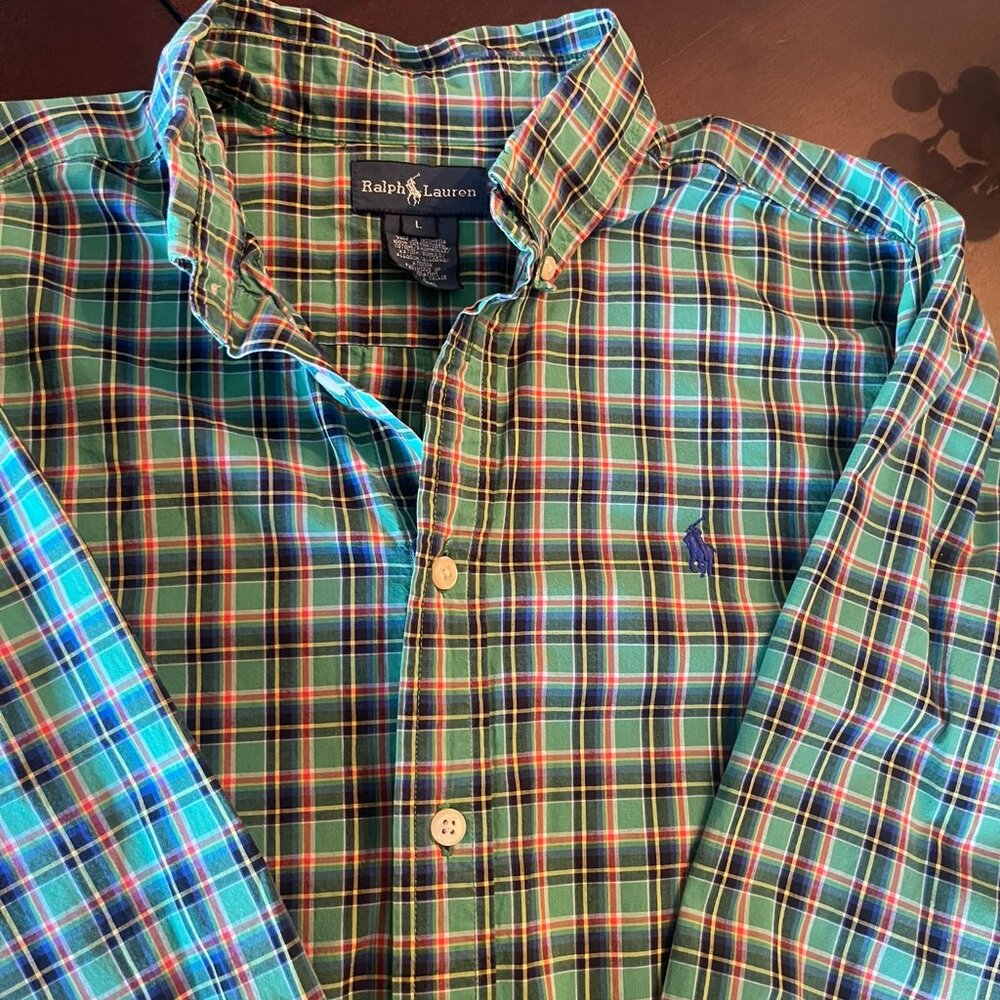 Vintage Ralph Lauren Boys Green Plaid Shirt Size L
